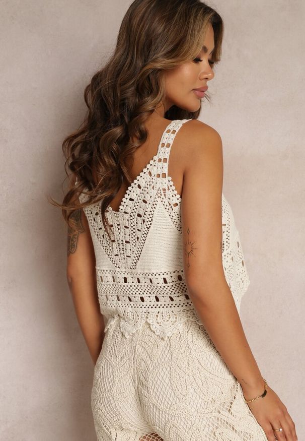 Renee - Beżowy Top Szydełkowy na Ramiączkach Cascemona. Kolor: beżowy. Materiał: bawełna, tkanina. Długość rękawa: na ramiączkach. Styl: boho