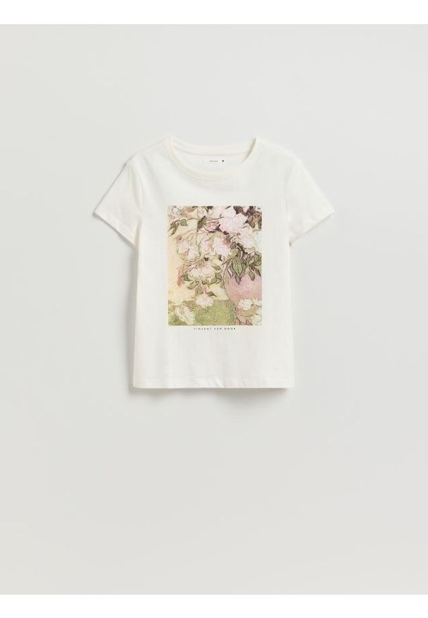Reserved - T-shirt z nadrukiem - złamana biel. Materiał: dzianina, bawełna. Wzór: nadruk