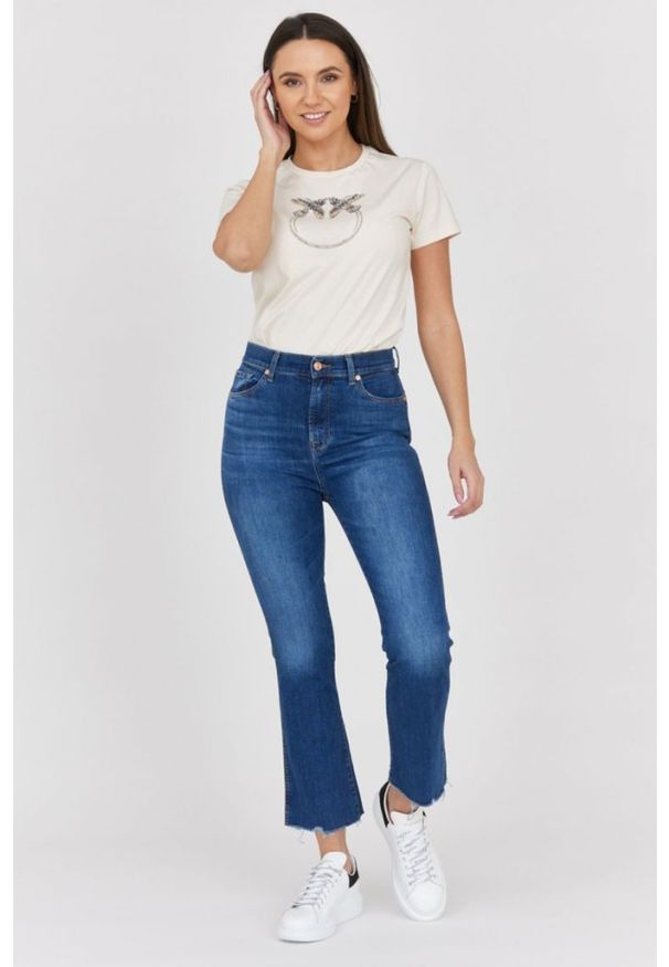 7 FOR ALL MANKIND Ciemnoniebieskie jeansy damskie z poszarpanymi nogawkami HW Slim Kick, Rozmiar 30. Kolor: niebieski