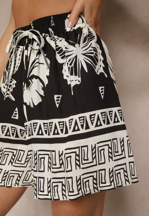 Renee - Czarne Wiskozowe Szorty High Waist z Motywem Roślinnym Mirenalia. Okazja: na co dzień, na imprezę. Stan: podwyższony. Kolor: czarny. Materiał: wiskoza. Sezon: lato. Styl: klasyczny, elegancki, casual