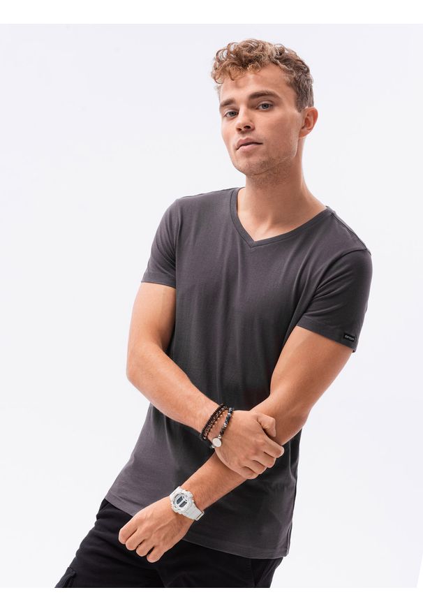 Ombre Clothing - T-shirt męski bawełniany BASIC S1369 - grafitowy - XXL. Typ kołnierza: dekolt w serek. Kolor: szary. Materiał: bawełna. Długość: krótkie. Styl: klasyczny