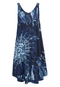Sukienka z dżerseju w batikowy wzór bonprix ciemnoniebiesko-dymny niebieski - niebieski dżins z nadrukiem. Kolor: niebieski. Materiał: jersey. Długość rękawa: na ramiączkach. Wzór: nadruk. Styl: boho #1