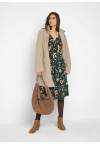 bonprix - Sukienka z kopertowym dekoltem z bawełnianego dżerseju. Typ kołnierza: dekolt w serek. Kolor: zielony. Materiał: jersey, bawełna. Długość rękawa: długi rękaw. Wzór: nadruk, kwiaty. Typ sukienki: kopertowe. Długość: midi #1