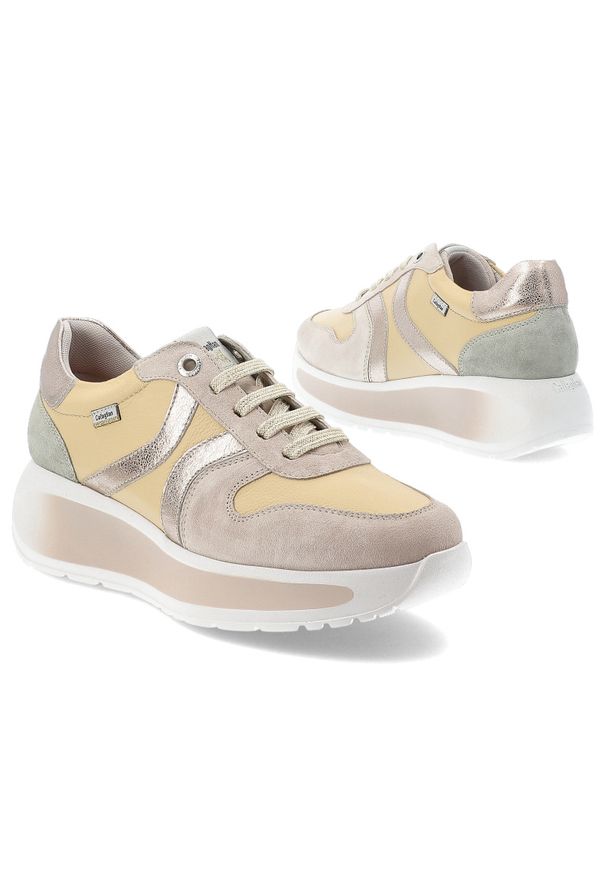 Beżowe Sneakersy Callaghan Modne Obuwie Damskie Na Platformie. Okazja: na co dzień. Kolor: beżowy. Materiał: skóra, zamsz. Obcas: na platformie. Styl: casual