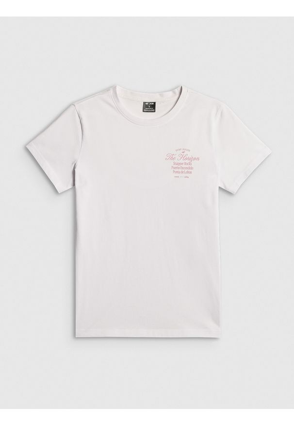 4f - 4F T-shirt regular z nadrukiem damski - biały S. Okazja: na co dzień. Kolor: biały. Materiał: jeans, bawełna, dresówka, dzianina. Wzór: nadruk. Styl: klasyczny, casual