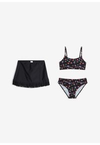 bonprix - Bikini ze spódniczką kąpielową (zestaw 3 cz.). Kolor: czarny. Wzór: nadruk