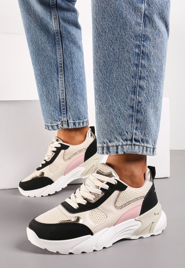 Renee - Beżowo-Czarne Sneakersy z Metalicznymi i Siateczkowymi Wstawkami Efalia. Kolor: beżowy. Wzór: aplikacja
