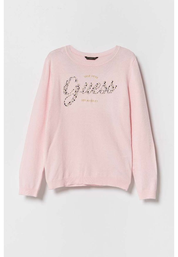 Guess sweter dziecięcy kolor różowy lekki. Okazja: na co dzień. Kolor: różowy. Materiał: materiał, dzianina, wiskoza. Styl: casual, klasyczny