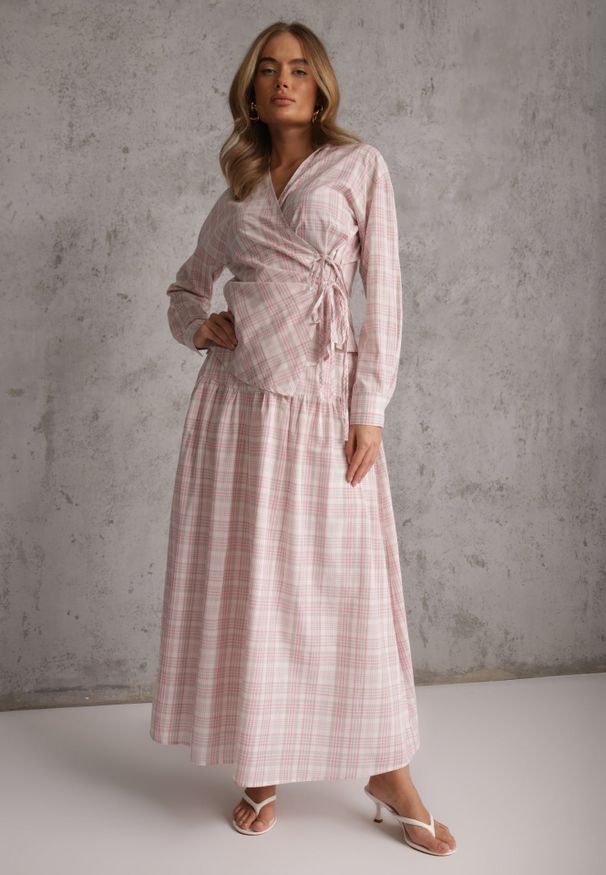 Renee - Różowy Bawełniany Komplet Rozkloszowana Spódnica i Bluzka z Wiązaniem Allisa. Kolor: różowy. Materiał: bawełna. Wzór: kratka