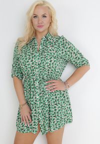 Born2be - Zielona Koszulowa Sukienka Mini w Kwiaty z Materiałowym Paskiem i Podpinanymi Rękawami Isamone. Kolekcja: plus size. Kolor: zielony. Materiał: materiał. Wzór: kwiaty. Sezon: lato, wiosna. Typ sukienki: koszulowe. Długość: mini