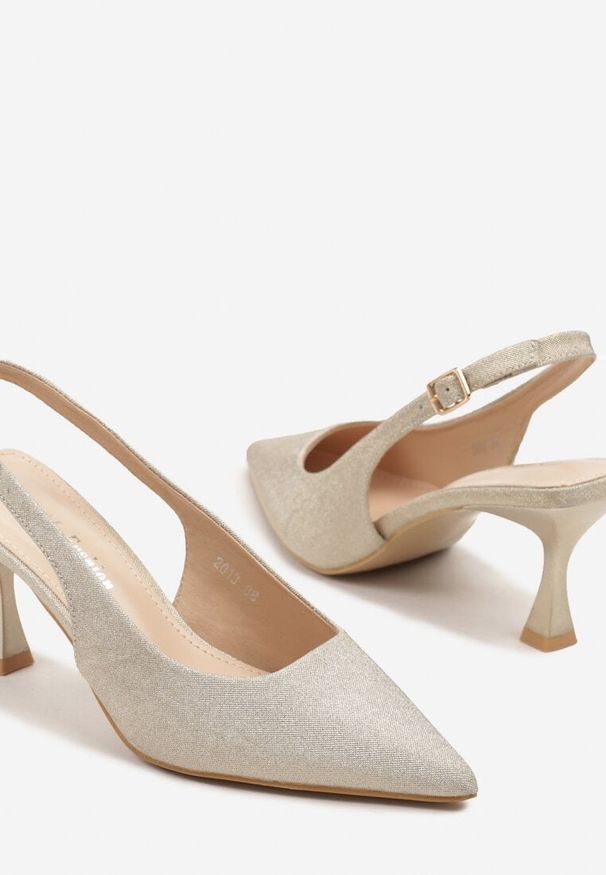 Renee - Złote Sandały Slingback na Klepsydrze Zdobione Brokatem Reolina. Okazja: na co dzień. Kolor: złoty. Materiał: jeans. Wzór: aplikacja. Obcas: na obcasie. Styl: klasyczny, elegancki, casual. Wysokość obcasa: średni