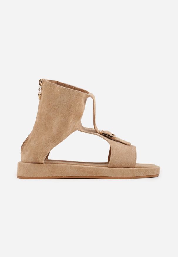 Born2be - Ciemnobeżowe Sandały w Stylu Botków z Ozdobną Klamrą Theaneasi. Okazja: na co dzień. Zapięcie: klamry. Kolor: beżowy. Materiał: jeans. Styl: casual, klasyczny, elegancki