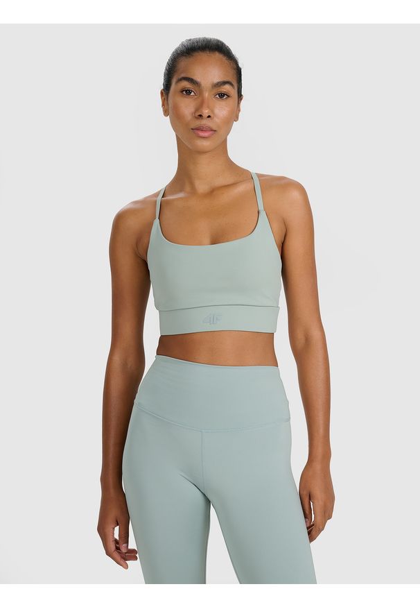 4f - 4F Biustonosz treningowy z niskim wsparciem - zielony XL. Kolor: zielony. Materiał: elastan, włókno, syntetyk, materiał, guma, jersey. Rodzaj stanika: wyciągane miseczki. Wzór: gładki, ze splotem. Sport: fitness, joga i pilates