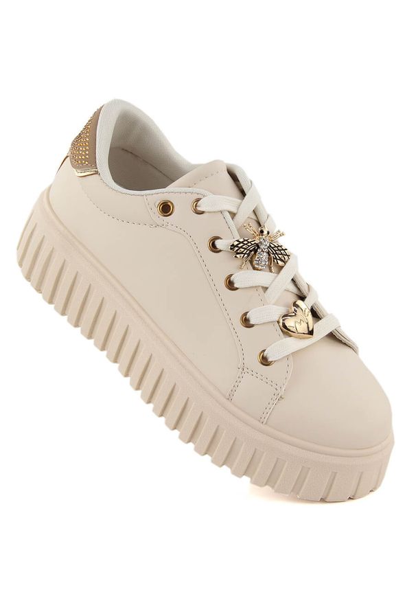 Półbuty sportowe damskie na platformie beżowe NEWS 4756. Kolor: beżowy. Materiał: skóra ekologiczna. Obcas: na platformie. Styl: sportowy