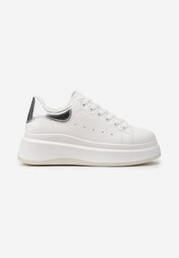 Born2be - Biało-Srebrne Sneakersy z Ekoskóry na Platformie ze Sznurowaniem Telretia. Kolor: biały. Obcas: na platformie #6