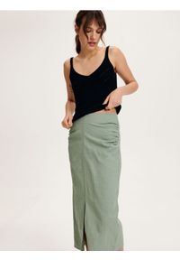 Reserved - Spódnica midi z lnem - jasnozielony. Kolor: zielony. Materiał: len. Styl: klasyczny #1