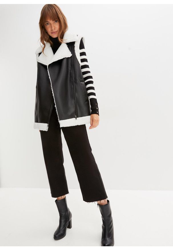 bonprix - Sweter z golfem z mieszanki wiskozy. Typ kołnierza: golf. Kolor: czarny. Materiał: wiskoza. Wzór: paski