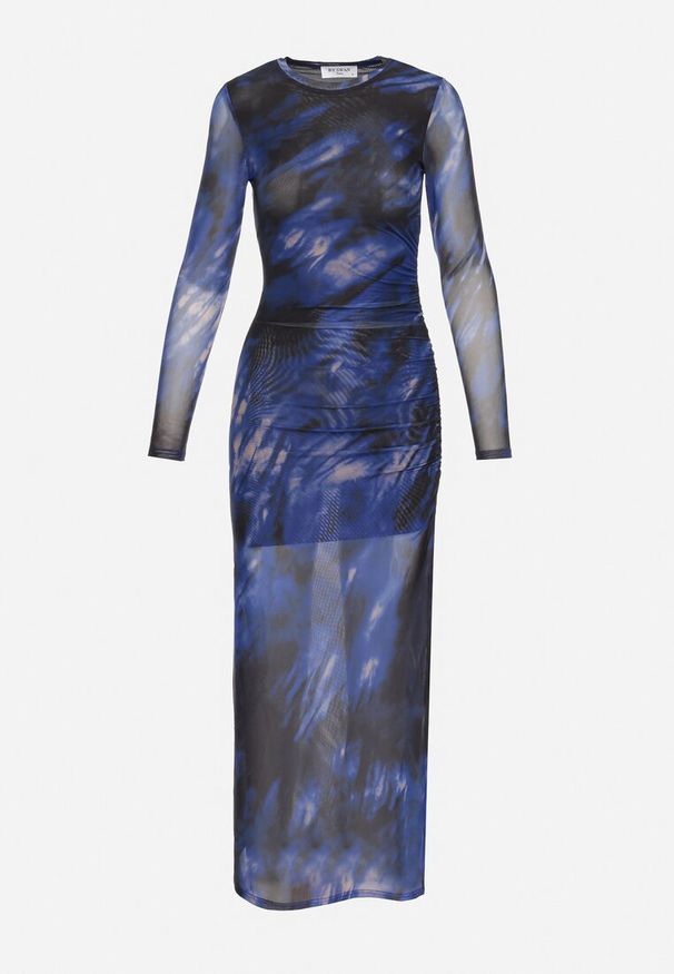 Born2be - Czarno-Granatowa Dopasowana Sukienka Długa z Siateczki z Rozcięciem na Boku Nethys. Kolor: czarny. Materiał: wiskoza. Styl: elegancki. Długość: maxi