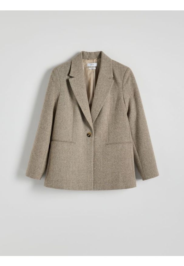 Reserved - Marynarka z wełną w jodełkę - wielobarwny. Materiał: wełna. Wzór: jodełka. Styl: klasyczny