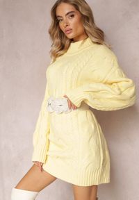 Renee - Żółty Długi Sweter o Luźnym Kroju z Warkoczykowym Splotem Penerria. Kolor: żółty. Długość: długie. Wzór: ze splotem. Sezon: jesień, zima #1