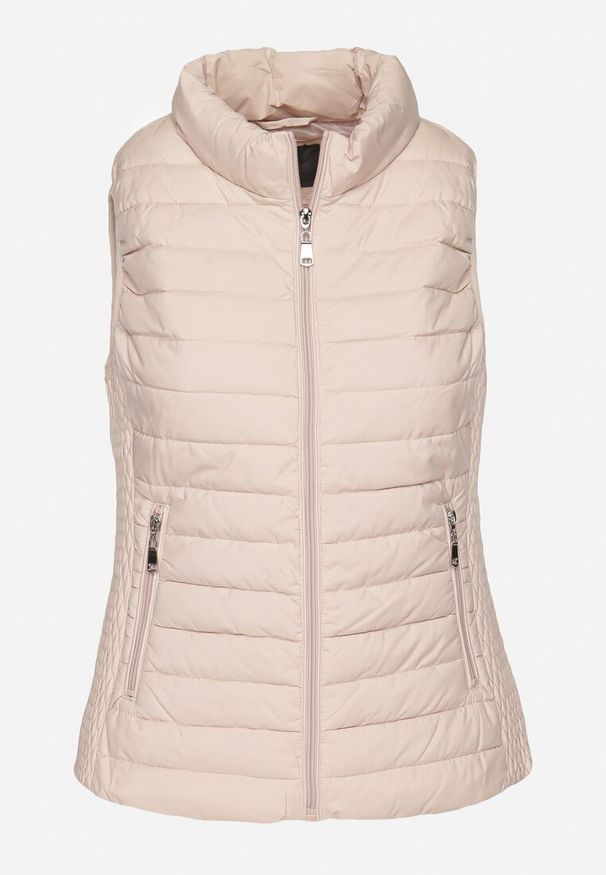 Born2be - Beżowa Kamizelka amizelka ze Stójką i Zasuwanymi Kieszeniami Lorenith. Typ kołnierza: kołnierzyk stójkowy. Kolor: beżowy. Materiał: jeans. Styl: elegancki