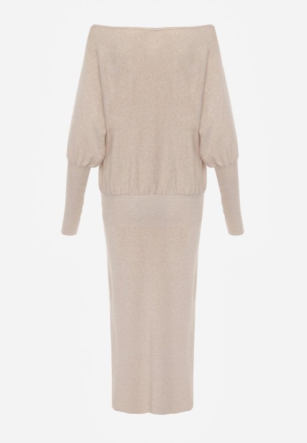 Born2be - Beżowa Dzianinowa Sukienka z Wiskozą o Nietoperzowym Kroju z Dekoltem w Łódkę Tisan. Okazja: na co dzień, na spotkanie biznesowe. Typ kołnierza: dekolt w łódkę. Kolor: beżowy. Materiał: dzianina, wiskoza. Styl: casual, biznesowy