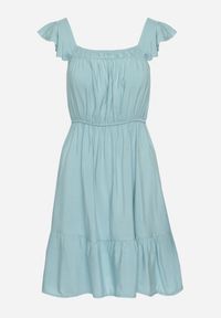 Born2be - Niebieska Sukienka z Wiskozą o Rozkloszowanym Kroju z Gumką w Pasie Lirimere. Okazja: na co dzień. Typ kołnierza: kołnierz z falbankami. Kolor: niebieski. Materiał: wiskoza. Długość rękawa: na ramiączkach. Styl: elegancki, casual #6