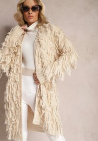 Renee - Jasnobeżowy Niezapinany Kardigan w Ozdobne Frędzle Massawa. Kolor: beżowy. Styl: elegancki