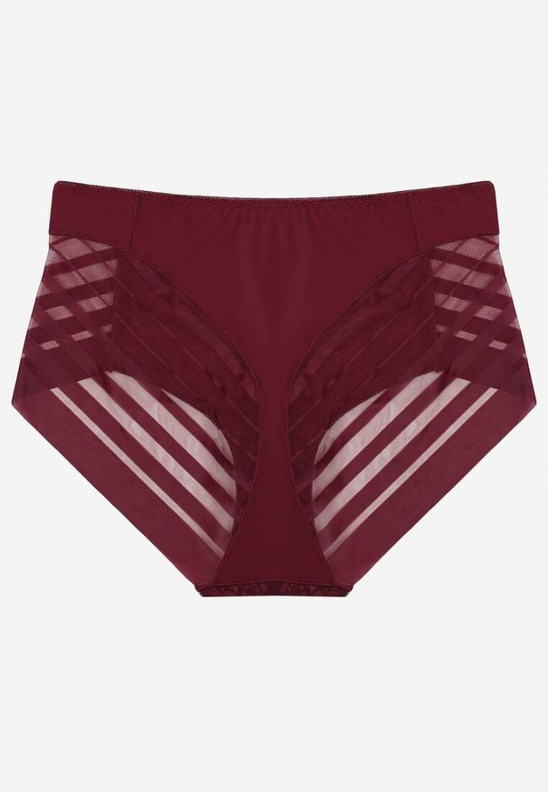 Renee - Bordowe Siateczkowe Majtki Figi High Waist z Koronkowymi Zdobieniami Heylih. Stan: podwyższony. Kolekcja: plus size. Kolor: czerwony. Materiał: koronka. Wzór: aplikacja