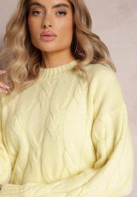 Renee - Żółty Klasyczny Sweter w Ozdobny Splot Olgame. Kolor: żółty. Materiał: dzianina, tkanina. Wzór: ze splotem. Styl: klasyczny #4