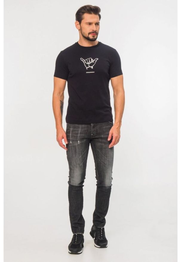 Emporio Armani - EMPORIO ARMANI Granatowy t-shirt męski z białym printem, Rozmiar XXL. Kolor: niebieski. Materiał: prążkowany. Wzór: nadruk