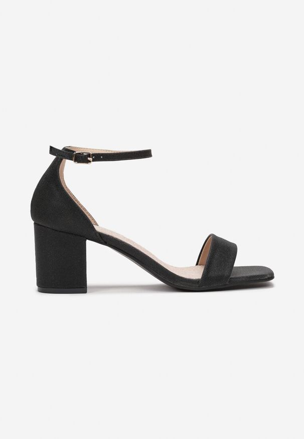 Renee - Czarne Sandały z Brokatem na Słupku i Wkładką ze Skóry Naturalnej Penerine. Kolor: czarny. Materiał: skóra. Obcas: na słupku. Styl: glamour