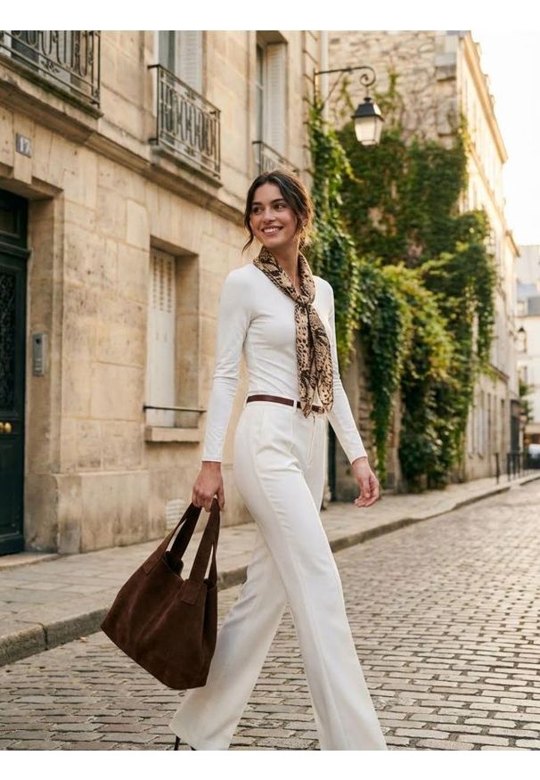 Sinsay - Spodnie flare z paskiem - kremowy. Kolor: kremowy