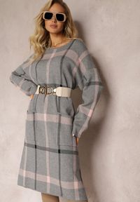 Renee - Szara Midi Sukienka w Kratę z Kieszeniami o Pudełkowym Fasonie Bamira. Kolor: szary. Długość rękawa: długi rękaw. Długość: midi