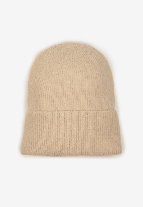 Born2be - Beżowa Czapka Ozdobiona Wywinięciem i Metaliczną Nicią Temirina. Kolor: beżowy. Wzór: aplikacja. Styl: elegancki, casual