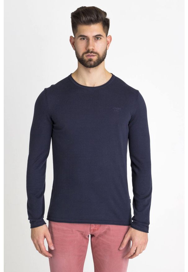 Niebieski sweter JOOP! Jeans z haftami, z okrągłym kołnierzem