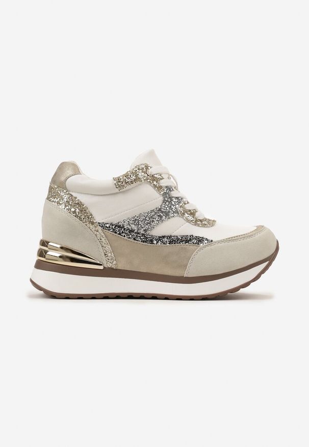 Born2be - Szaro-Złote Sneakersy na Ukrytym Koturnie Ozdobione Brokatem Yavina. Kolor: beżowy. Wzór: aplikacja. Obcas: na koturnie