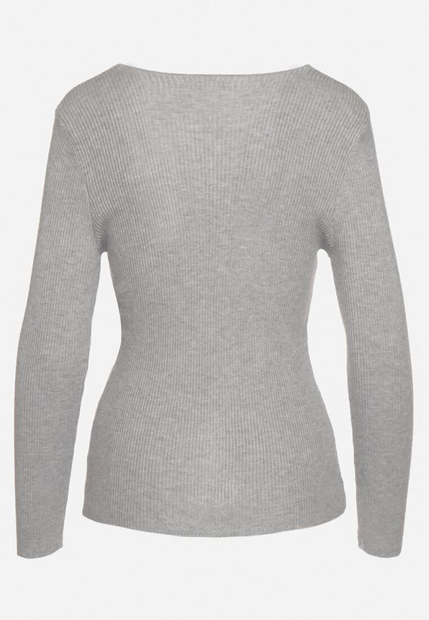 Born2be - Szary Sweter Prążkowany z Trójkątnym Dekoltem Vorila. Okazja: na co dzień. Kolor: szary. Materiał: prążkowany. Styl: casual, elegancki