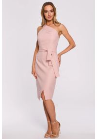 Sukienki.shop - Sukienka koktajlowa ołówkowa na jedno ramię z rozcięciem róż. Kolor: różowy. Typ sukienki: ołówkowe. Styl: wizytowy #1