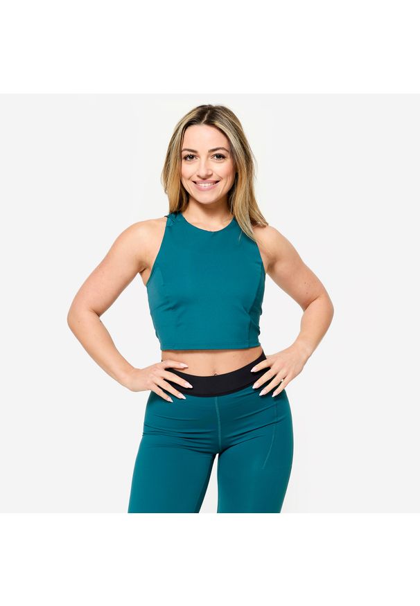 DOMYOS - Koszulka fitness damska Domyos crop top bez rękawów. Kolor: niebieski, zielony, wielokolorowy. Materiał: poliamid, elastan, materiał. Długość rękawa: bez rękawów. Sport: fitness