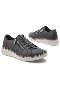 Półbuty damskie Rieker, cholewka ze skóry naturalnej o ziarnistej fakturze z sznurowaniem i bocznym zamkiem, niebieskie, 50965-14. Okazja: na co dzień. Zapięcie: zamek. Kolor: niebieski. Materiał: skóra. Szerokość cholewki: normalna. Wzór: aplikacja. Styl: casual, klasyczny #4