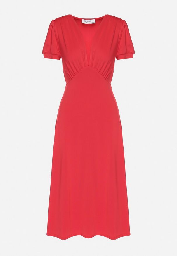 Born2be - Czerwona Sukienka Rozkloszowana z Wiskozą z Poduszkami w Ramionach Awerla. Okazja: na co dzień. Typ kołnierza: dekolt w kształcie V. Kolor: czerwony. Materiał: wiskoza. Długość rękawa: krótki rękaw. Styl: elegancki, klasyczny, casual