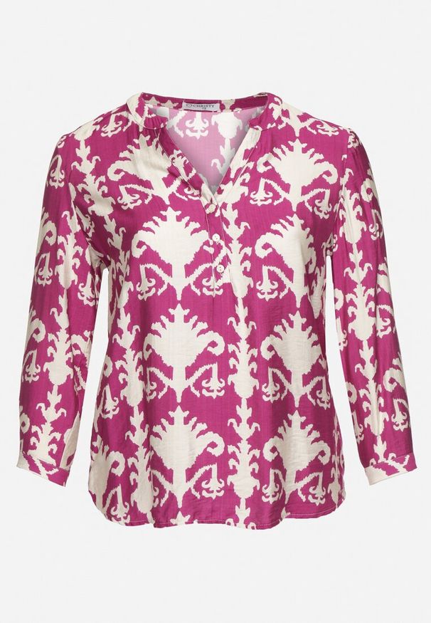 Born2be - Fioletowa Koszula z Wiskozą w Ornamentalny Wzór z Dekoltem w Serek Iladelle. Okazja: na spacer, na co dzień. Typ kołnierza: dekolt w serek. Kolekcja: plus size. Kolor: fioletowy. Materiał: wiskoza. Długość rękawa: długi rękaw. Długość: długie. Styl: elegancki, casual