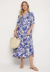Born2be - Niebieska Wiskozowa Rozkloszowana Sukienka z Falbaną Filindania. Okazja: na co dzień. Kolor: niebieski. Materiał: wiskoza. Styl: elegancki, casual #4