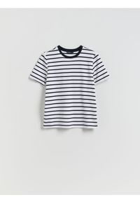 Reserved - T-shirt z bawełny merceryzowanej - granatowy. Kolor: niebieski. Materiał: bawełna