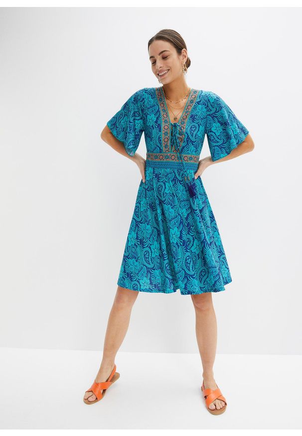bonprix - Sukienka z dżerseju. Kolor: niebieski. Materiał: jersey. Wzór: nadruk