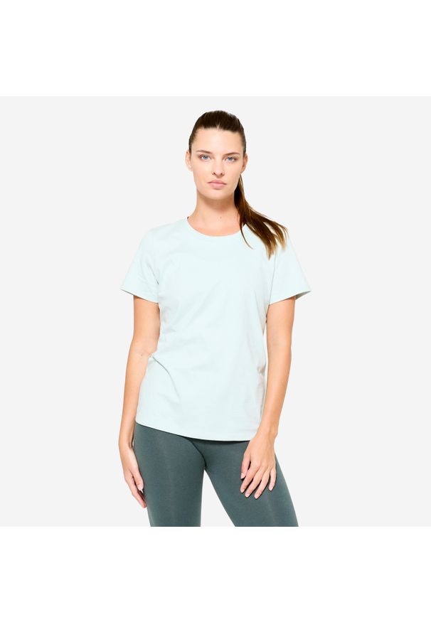 DOMYOS - Koszulka damska Domyos Gym & Pilates. Kolor: niebieski, wielokolorowy, zielony. Materiał: bawełna, materiał. Sport: joga i pilates