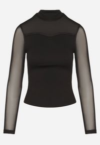 Born2be - Czarna Bluzka z Golfem Vices Ozdobiona Transparentnymi Wstawkami Hatalie. Okazja: na co dzień. Typ kołnierza: golf. Kolor: czarny. Materiał: jeans. Długość rękawa: długi rękaw. Długość: długie. Wzór: aplikacja. Styl: klasyczny, casual #6