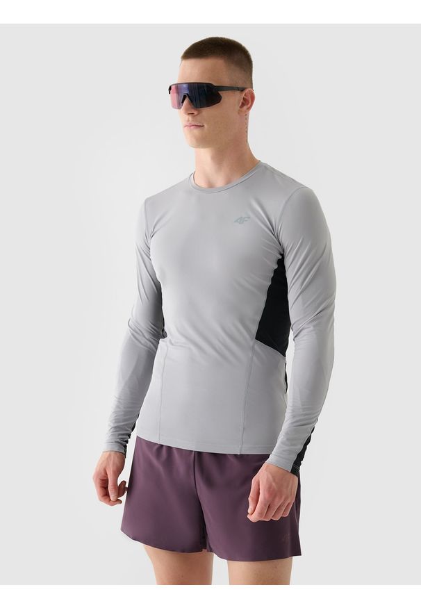 4f - 4F Longsleeve do biegania szybkoschnący męski - szary S. Kolor: szary. Materiał: dzianina, poliester, włókno, materiał, elastan. Długość rękawa: długi rękaw. Długość: krótkie. Wzór: gładki, ze splotem. Sport: fitness, bieganie