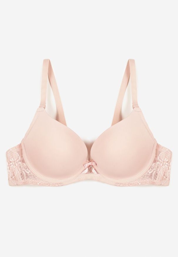 Renee - Jasnoróżowy Biustonosz z Efektem Push Up i Ozdobną Koronką Emithria. Kolor: różowy. Materiał: koronka. Rodzaj stanika: push-up. Wzór: koronka